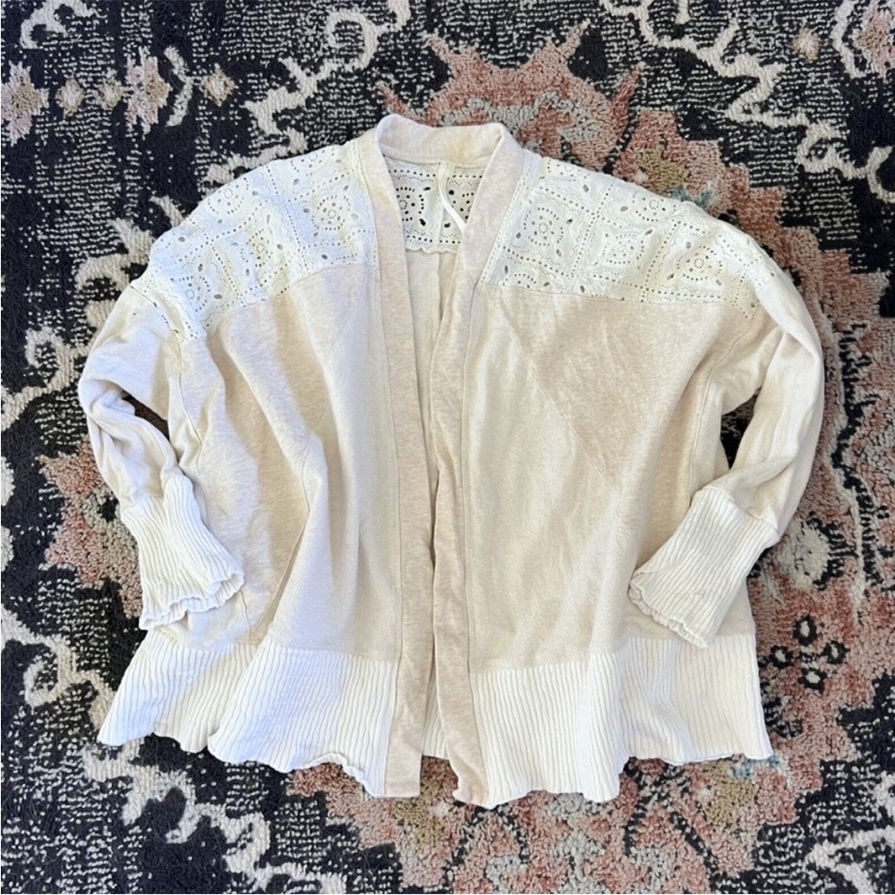 Anthropologie Hollie Cardigan Sweater Eyelet Crochet Ribbed Cotton